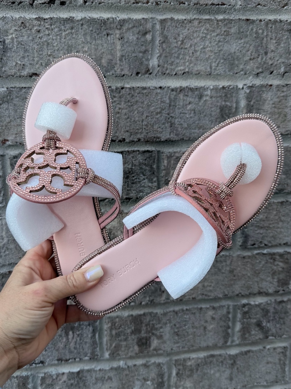 Tory Burch pink leather thong sandals rhinestones logo.